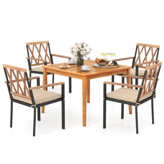 5 Piece Patio Acacia Wood Dining Set Solid Wooden Dining Furniture with Umbrella Hole