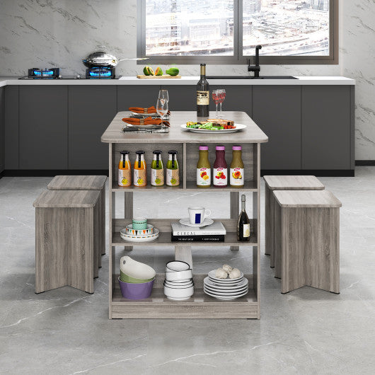 5 Pieces Dining Table Set with Storage Shelf and 4 Stools-Gray