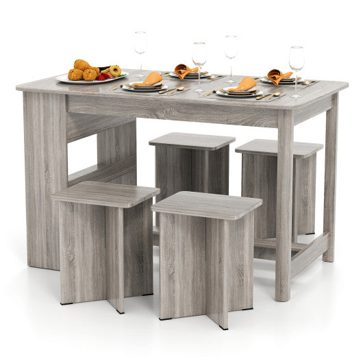 5 Pieces Dining Table Set with Storage Shelf and 4 Stools-Gray