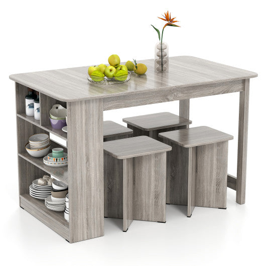 5 Pieces Dining Table Set with Storage Shelf and 4 Stools-Gray