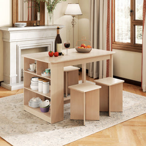 5 Pieces Dining Table Set with Storage Shelf and 4 Stools-Natural