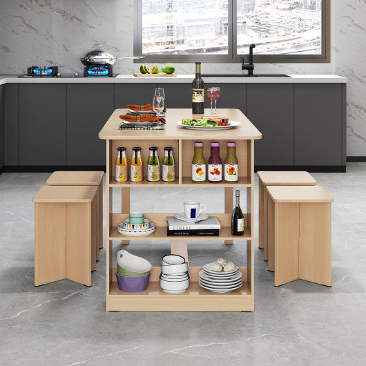 5 Pieces Dining Table Set with Storage Shelf and 4 Stools-Natural
