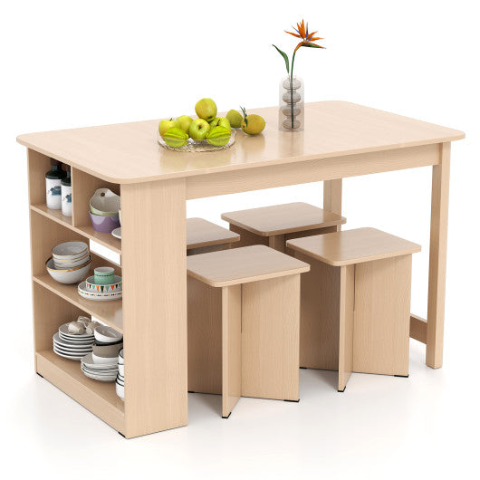 5 Pieces Dining Table Set with Storage Shelf and 4 Stools-Natural