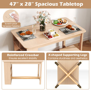 5 Pieces Dining Table Set with Storage Shelf and 4 Stools-Natural