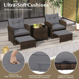 5 Pieces Patio Rattan Furniture with 2 Ottomans and Tempered Glass Coffee Table-Gray