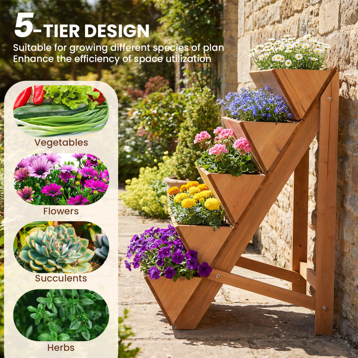 5-tier Vertical Raised Garden Bed Wood Elevated Planter Box with Legs-Orange