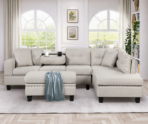 Modern Sectional Sofa With Storage Ottoman, L-Shape Couch With 2 Pillows And Cup Holder, Sectional Sofa With Reversible Chaise For Living Room by Couch.com
