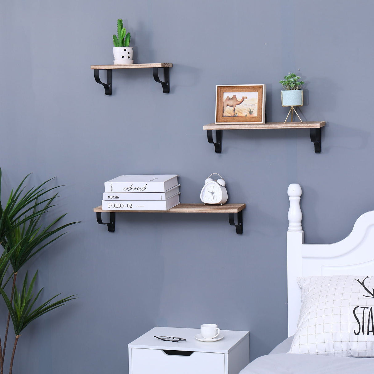 Couch.com Floating Shelves, Long Wall Shelves (Set of 3), Wall Mounted Shelves & Brackets For Bedroom Natural Wood, Set of 2, Metal Construction, Light Brown Finish by Couch.com
