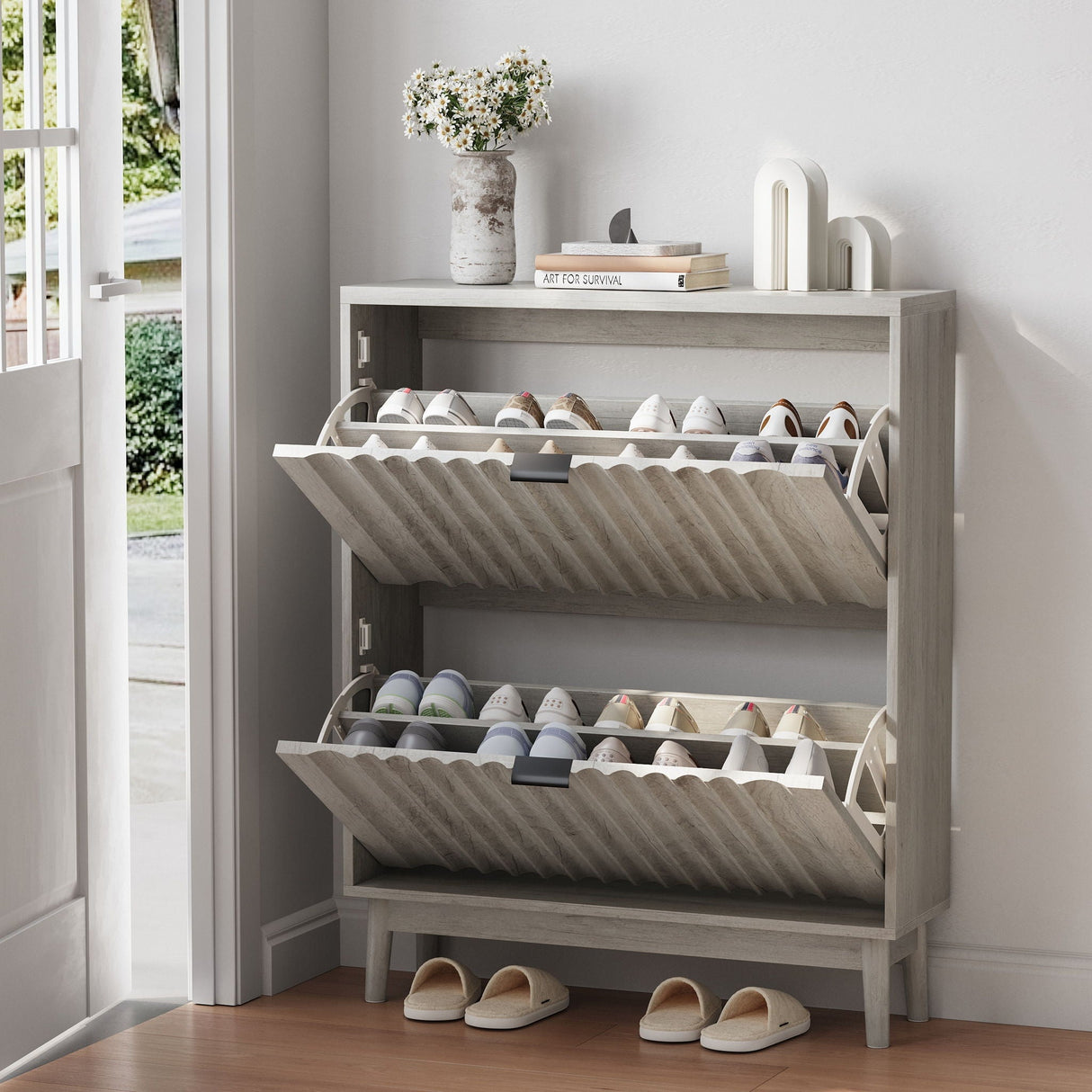 Shoe Cabinet With 2 Flip Drawers, Fluted Shoe Storage Cabinet For Entryway, Free Standing Shoe Storage Organizer With Wave Doors For Heels, Boots, Slippers In Hallway, Living Room - Gray by Couch.com