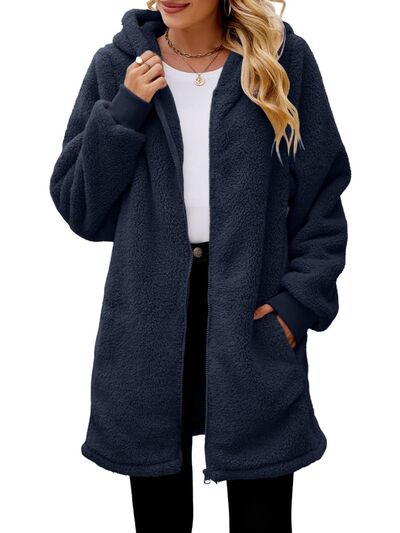 Comfortable Fuzzy Pocketed Zip-Up Long Sleeve Hooded Jacket Cozy & Warm Soft Outerwear For Winter