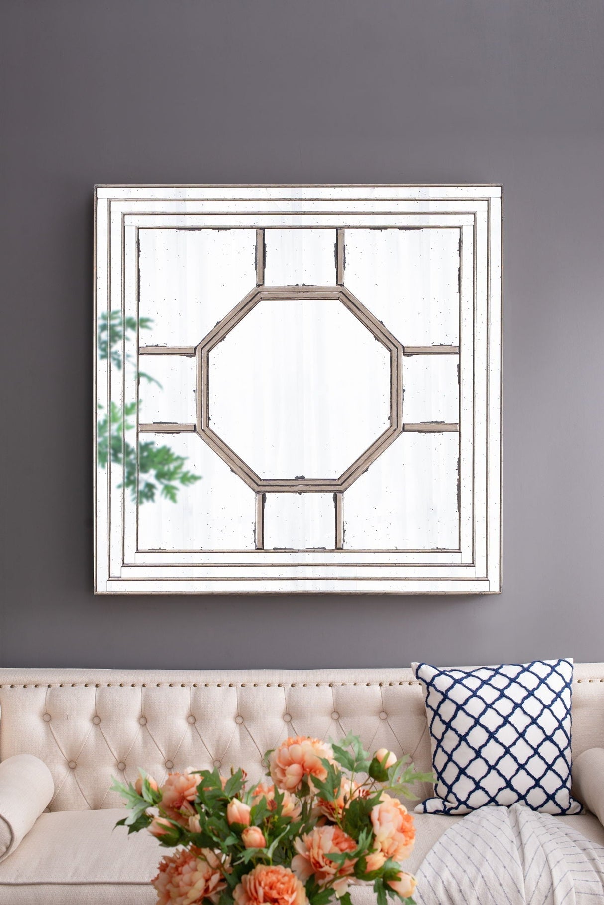 Antique Style Decorative Square Wall Mirror with Mirrored Frame