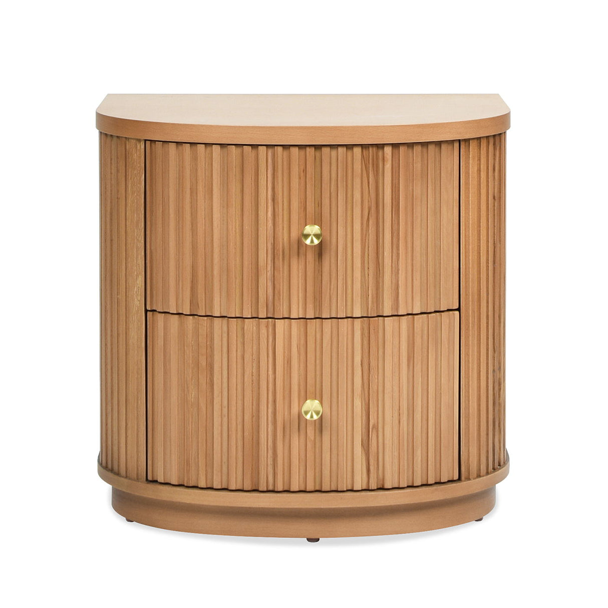 The Valentine 2 Drawer Storage Side Table is a small wooden cabinet with a rounded front and a classic vertical slatted design. It features two drawers, each adorned with a gold-colored knob.