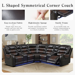 Manual Reclining Sectional Sofa Set L Shaped Symmetrical Motion Sofa Corner Couch Sets With Storage Boxes, 4 Cup Holders And Led Light Strip For Living Room - Brown by Couch.com