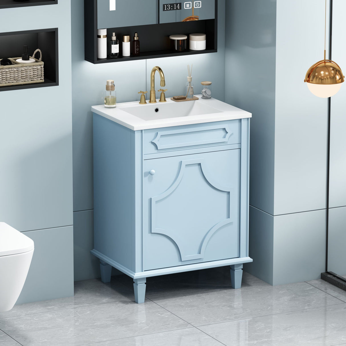 Bathroom Vanity With Ceramic Sink Combo, Modern Freestanding Storage Cabinet With Height Adjustable Shelf, Soft Closing Doors - Blue by Couch.com