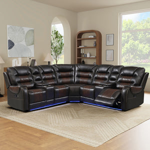Manual Reclining Sectional Sofa Set L Shaped Symmetrical Motion Sofa Corner Couch Sets With Storage Boxes, 4 Cup Holders And Led Light Strip For Living Room - Brown by Couch.com
