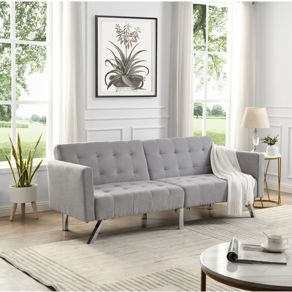 Sofa Bed Convertible Folding Lounge Couch Loveseat Sleeper Sofa Armrests Living Room Bedroom Apartment Reading Room - Light Gray