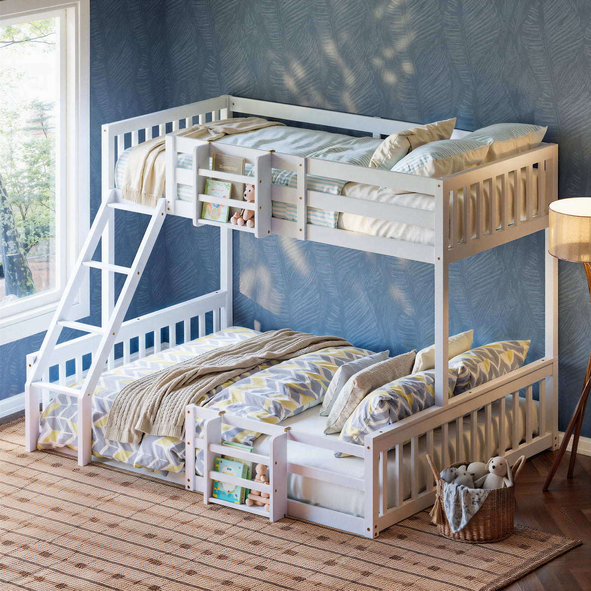 Twin Over Full Floor Bunk Bed with Ladder and Bookshelf, Space-Saving, Noise-Free, No Box Spring Needed,White