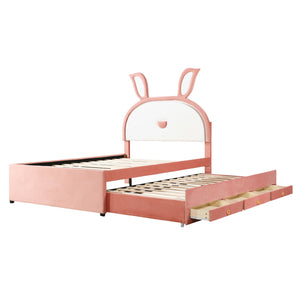 Upholstered Platform Bed With Trundle And 3 Drawers, Rabbit-Shaped Headboard With Embedded LED Lights by Couch.com