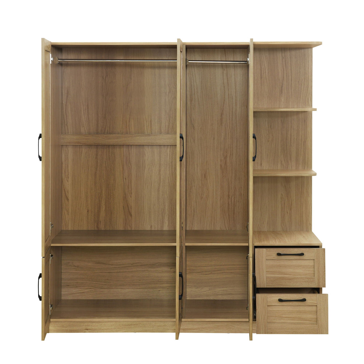 The 3 Door Storage Wardrobe for Bedroom features two open sections with metal rods and lower shelves, three right-side open shelves, and two drawers with black handles, all in a natural wood finish.