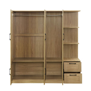 The 3 Door Storage Wardrobe for Bedroom features two open sections with metal rods and lower shelves, three right-side open shelves, and two drawers with black handles, all in a natural wood finish.