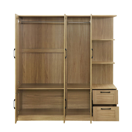 The 3 Door Storage Wardrobe for Bedroom features two open sections with metal rods and lower shelves, three right-side open shelves, and two drawers with black handles, all in a natural wood finish.