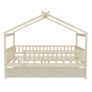 The Creativity House Bed With Twin Size Trundle is a wooden house-shaped bed frame featuring guardrails and a slatted design. Its minimalist, natural wood finish resembles a playhouse, making it perfect for a child's room.