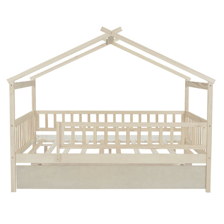 The Creativity House Bed With Twin Size Trundle is a wooden house-shaped bed frame featuring guardrails and a slatted design. Its minimalist, natural wood finish resembles a playhouse, making it perfect for a child's room.