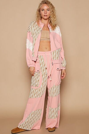 Modern Women Pink Applique Patchwork Zip-Up Jacket Artistic Details And Functional Design