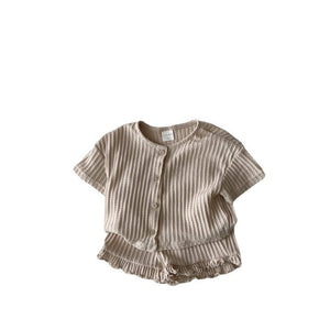 Baby Boy And Baby Girl Striped Knitted Short-sleeved Cardigan Coat Shorts Two-piece Set