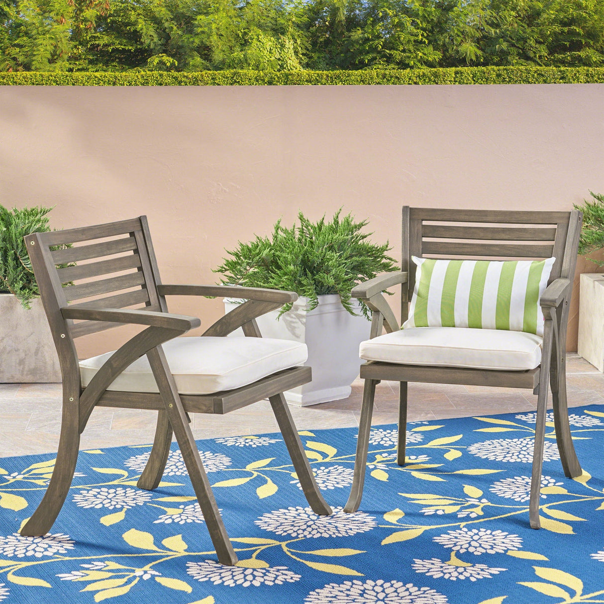 Helen Outdoor Acacia Wood Dining Chair Set of 2 - Gray / Creme