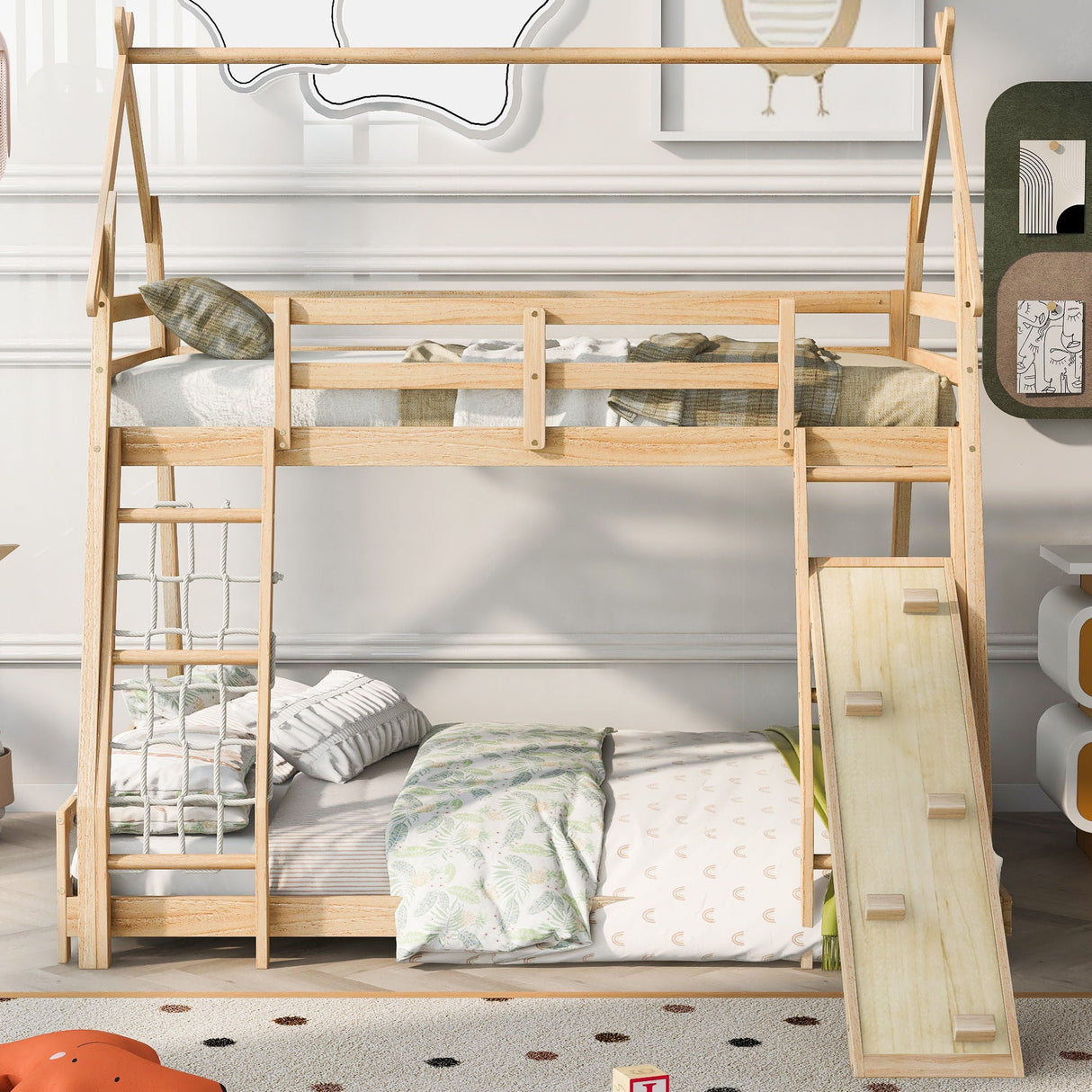 Twin Over Queen House Bunk Bed With Climbing Nets And Climbing Ramp by Couch.com
