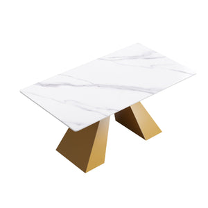 63" Modern Artificial Stone Straight Edge Golden Metal Leg Dining Table - White / Gold by Couch.com