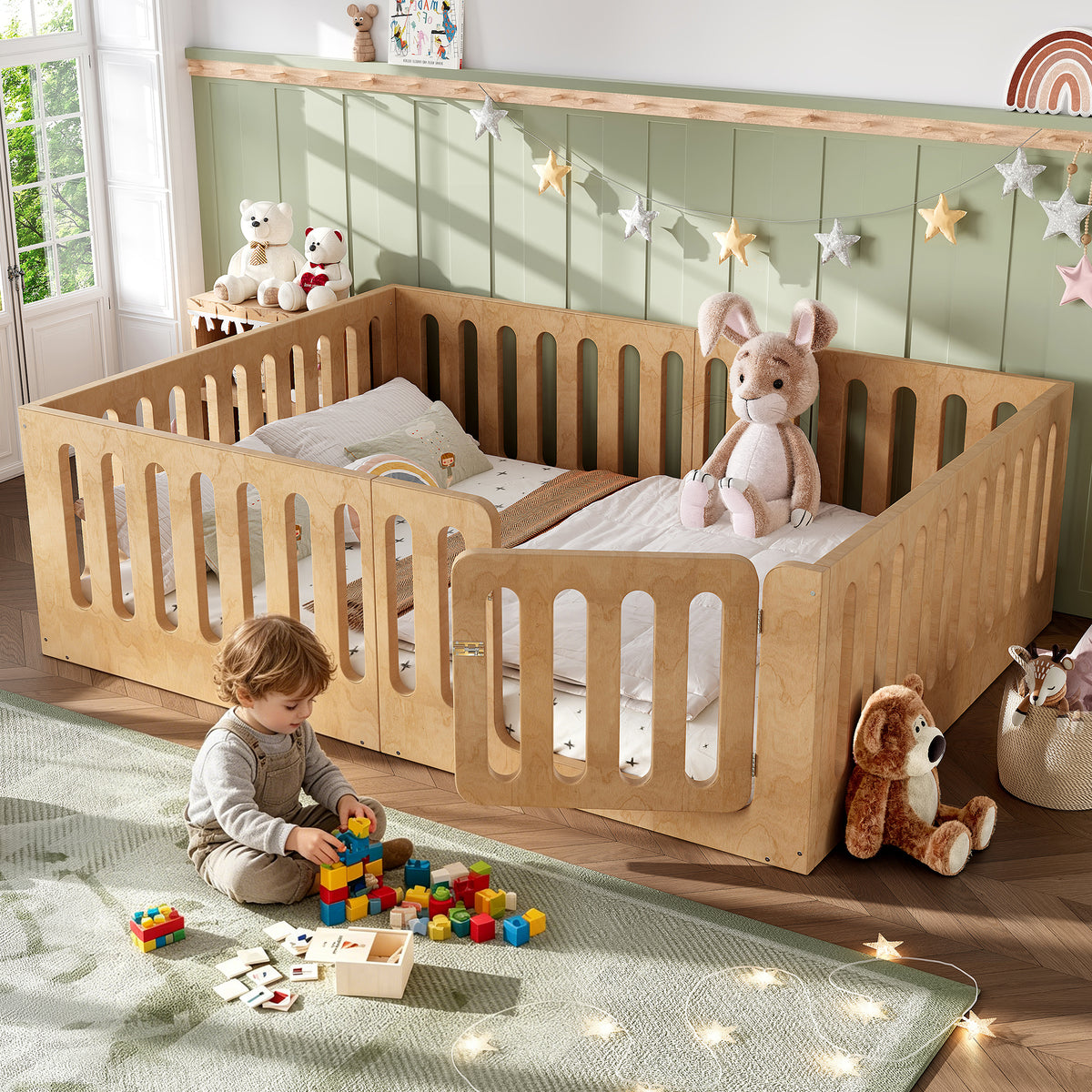 Queen Size Floor Bed with High Fence for Kids, Solid Wood Kids Montessori Bed with Door, low-profile and No Box Spring Needed, Natural