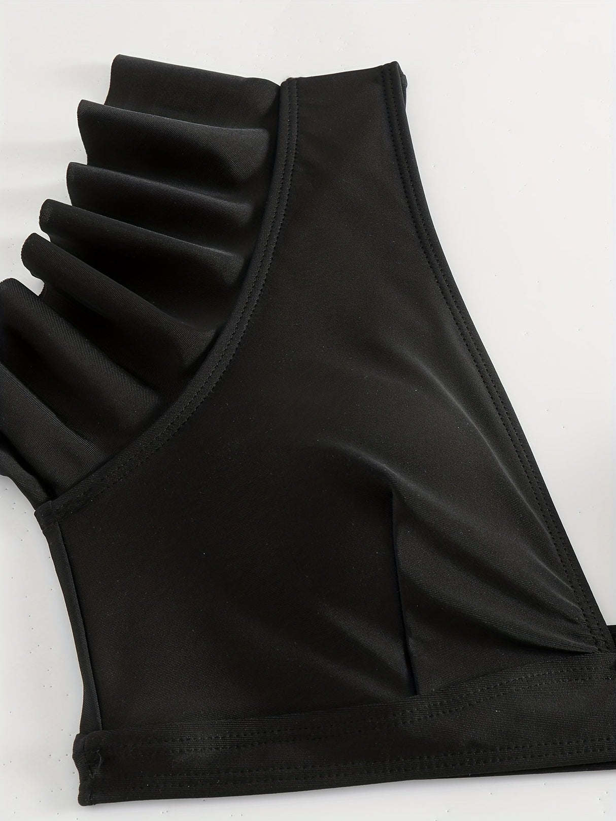 Bikini Black Solid Color Ruffle V Neck 2 Piece Swimsuit for Women – High Waisted Flattering Bikini Set with Lettuce Trim Bottoms – Sleek Stretchy Fabric Swimwear for Beach Days Poolside Style and Summer Vacation Looks