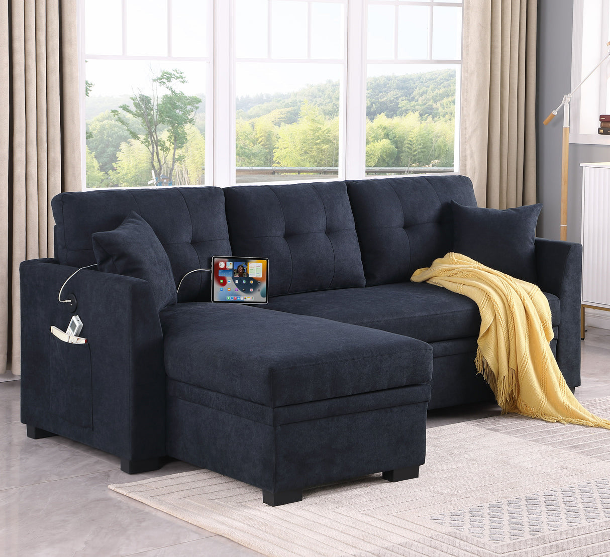 Sectional Sofa Bed L Shaped Sofa Couch Bed With USB Port, Reversible Chaise With Storage by Couch.com