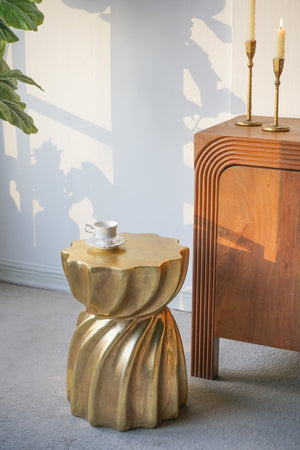 14x14x18.7 Gold Magnesium Accent Stool with Sculptural Swirl Design