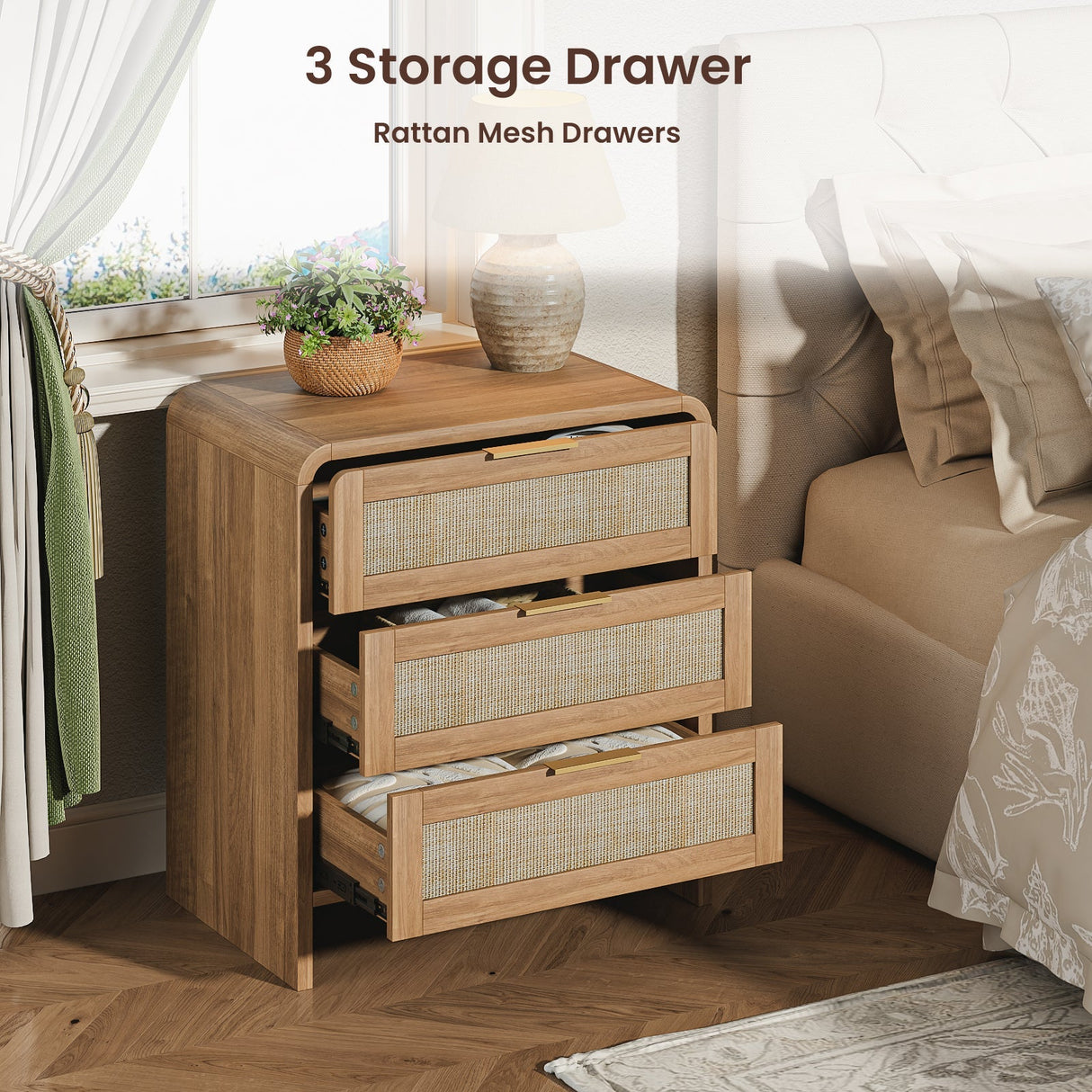 Rattan Nightstand Set of 2 with 3 Drawers in Caramel Oak
