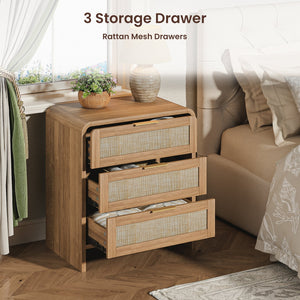 Rattan Nightstand Set of 2 with 3 Drawers in Caramel Oak