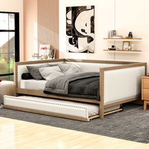 Full Size Daybed With Trundle And Nailhead Decoration - Wood