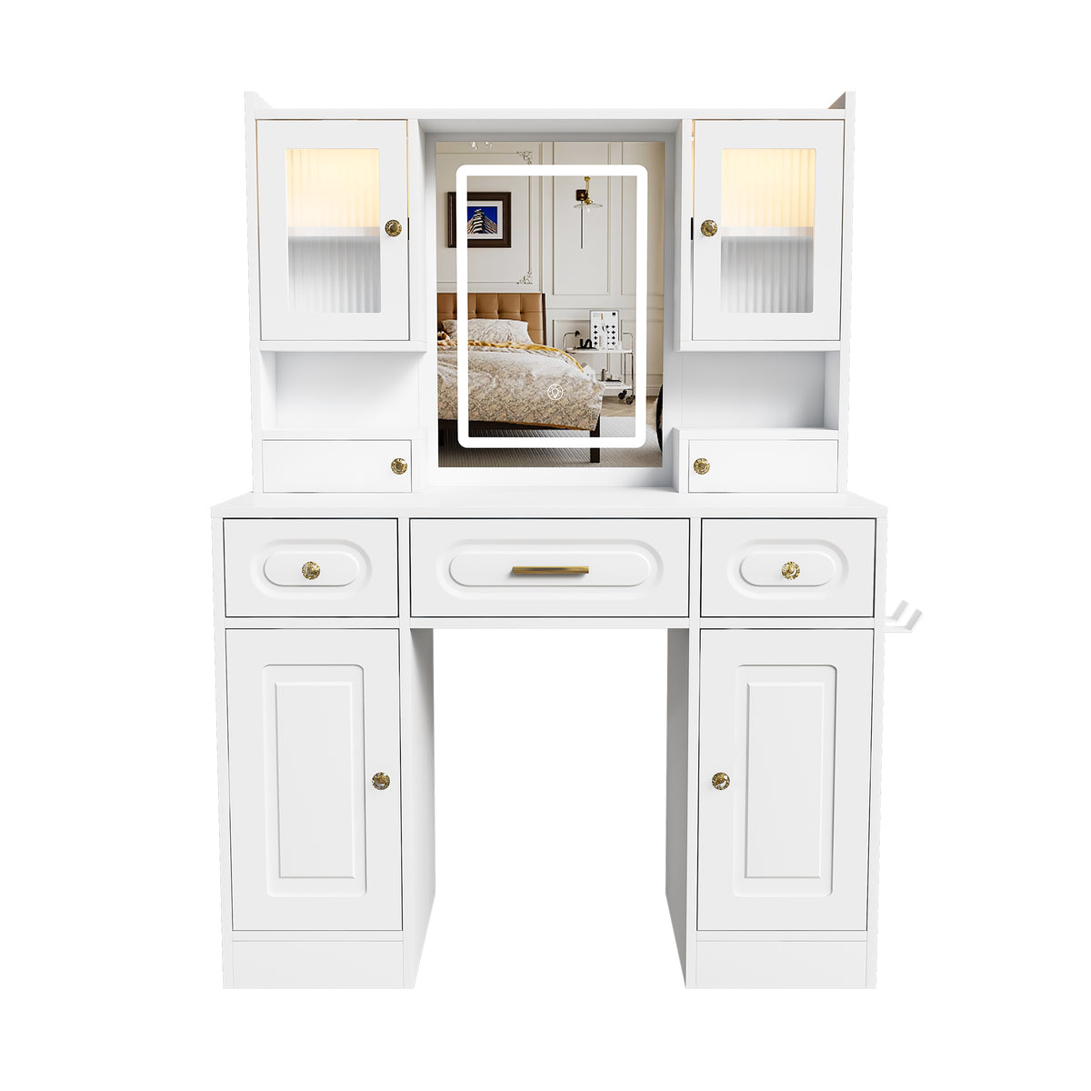 White Large Vanity Table Set with Mirror, 6 Drawers & Shelves, Power Socket, Hair Dryer Holder, Cabinet Light, MDF Dressing Desk