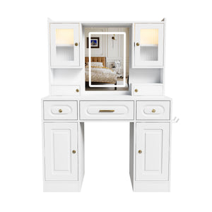 White Large Vanity Table Set with Mirror, 6 Drawers & Shelves, Power Socket, Hair Dryer Holder, Cabinet Light, MDF Dressing Desk