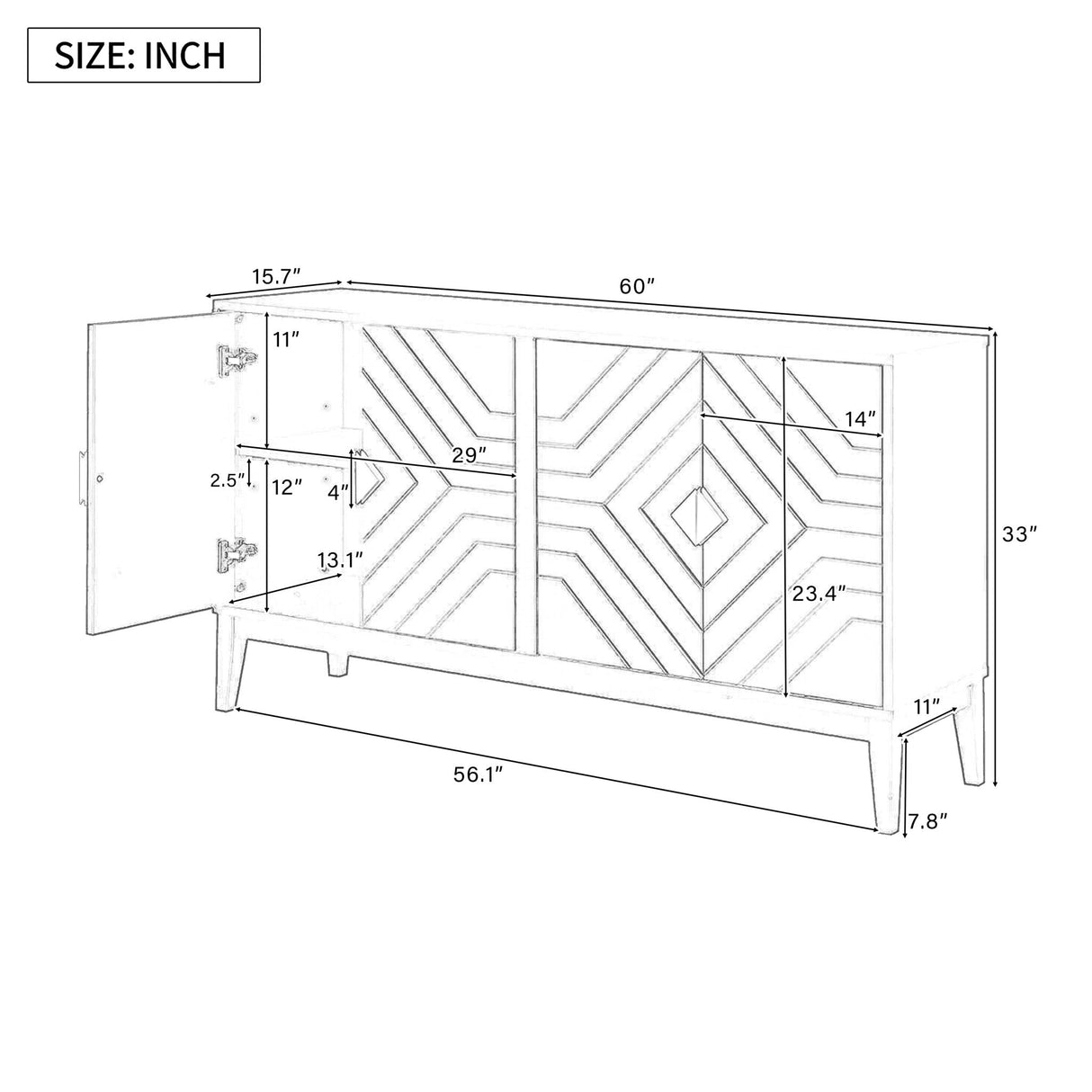 4 Door Sideboard Storage Cabinet For Living Room And Dining Room, 2 Large Cabinets With Gold Handles And Adjustable Shelf - Black by Couch.com