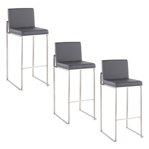 Three Fuji Contemporary And Modern Elegance High Back Barstools with gray cushioned seats, sleek silver metal legs, and supportive backs are arranged in a staggered row on a white background.