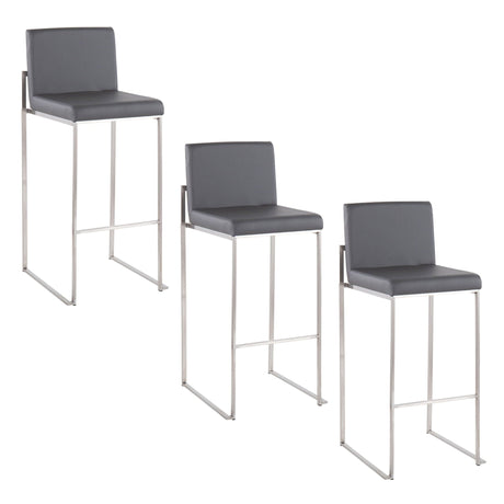 Three Fuji Contemporary And Modern Elegance High Back Barstools with gray cushioned seats, sleek silver metal legs, and supportive backs are arranged in a staggered row on a white background.