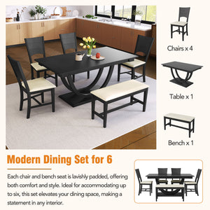 The Topmax 6 Piece Wood Half Round Dining Table Set includes a modern black rectangular table, four chairs with cream cushions, and a long bench, displayed in a bright dining room with wooden cabinets and a vase of yellow flowers.