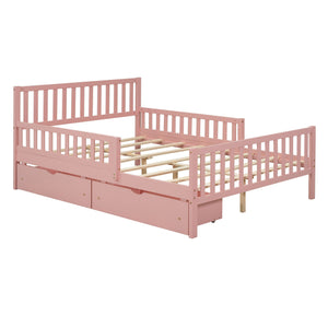 The Platform Bed features pink wooden guardrails on both sides, with an extendable trundle beneath for extra storage or a mattress. The daybed frame is set up without a mattress.