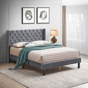 Velvet Button Tufted-Upholstered Bed With Wings Design Strong Wood Slat Support Queen Platform Bed - Gray by Couch.com