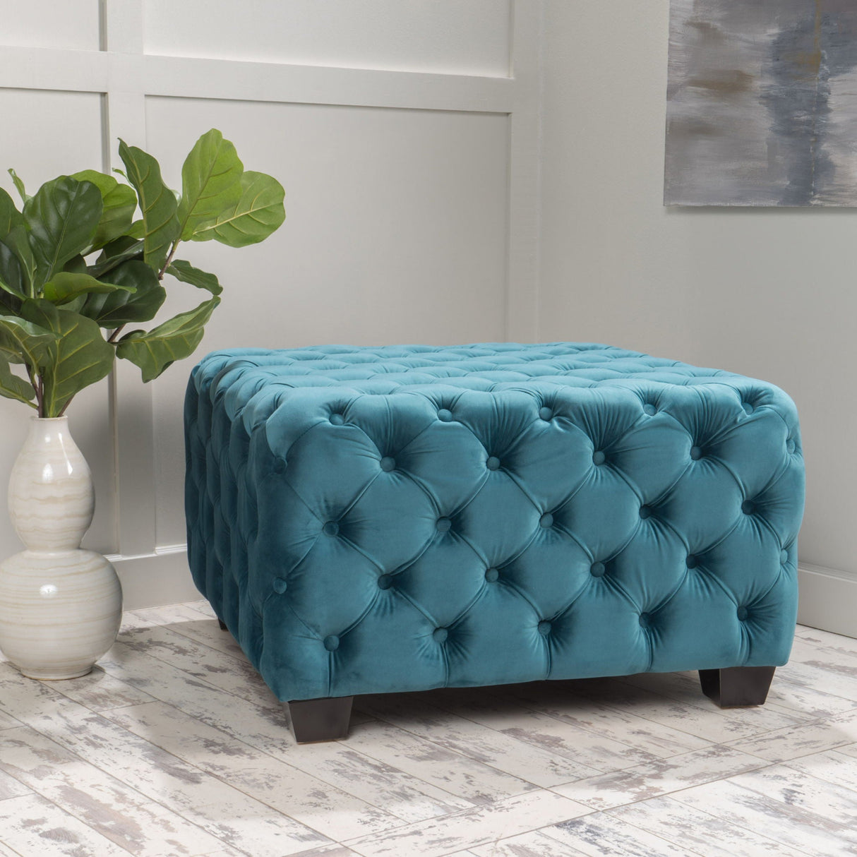 Unwind Upholstered Square Ottoman With Button Tufted Diamond Stitch - Teal by Couch.com