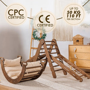 5in1 Montessori Climbing Set: Triangle Ladder, Climbing Arch, Slide, Net & Cushion – Chocolate
