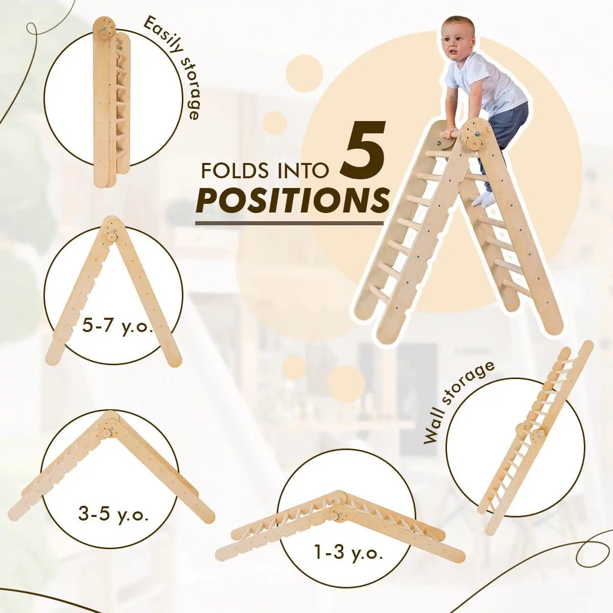 5in1 Montessori Climbing Set: Triangle Ladder, Arch, Slide, Cushion & Art – Beige